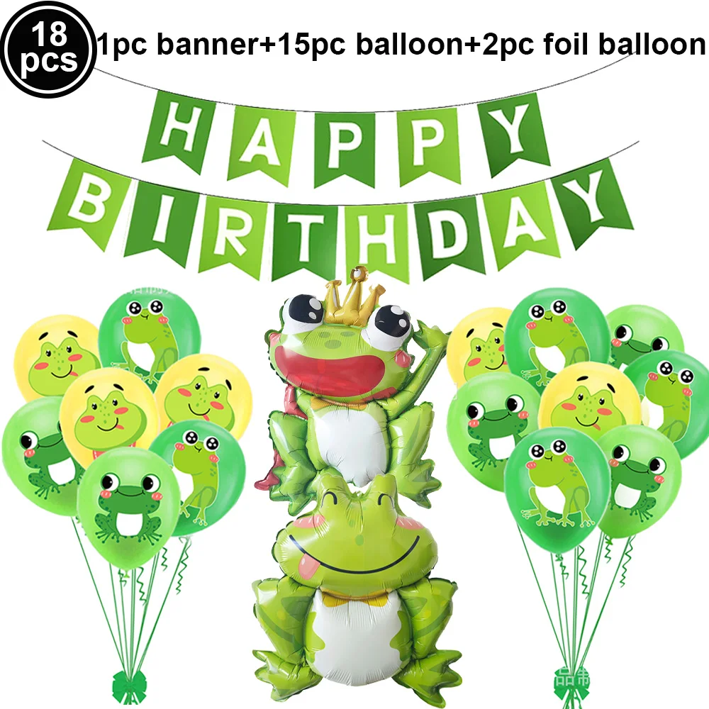 Frosch-Geburtstagsparty-Dekorationen „Happy Birthady“-Banner, Luftballons, Einweggeschirr, Kuchendeckel, Geburtstagszubehör mit Froschmotiv – Detail 2