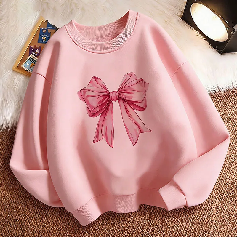 Pullover Crew Neck Fashion Pink Color Bow Design Y2k Hoodie Children's Sweatshirt Hoody Girls Kawaii Casual Hoodies