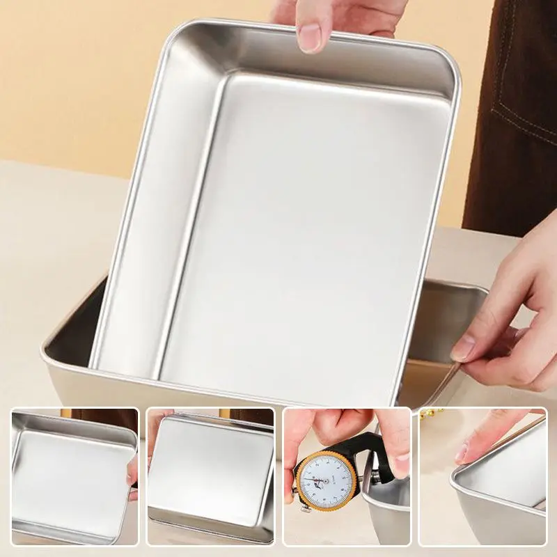 Stainless Steel Square Plate With Lid Rectangular Food Storage Pan Commercial Dish Tray Large Freshing Lunch Box Container