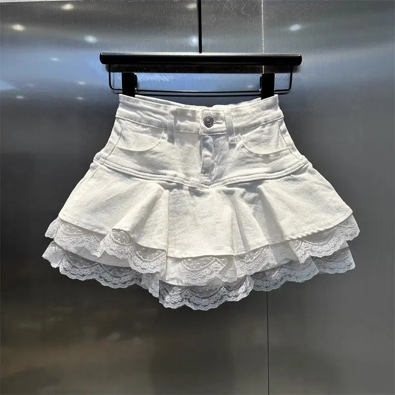 Korean Denim Mini Skirt Women Kawaii Lace Patchwork White Ball Gown Jeans Y2K Skirts Summer Gyaru Gothic Black Faldas New