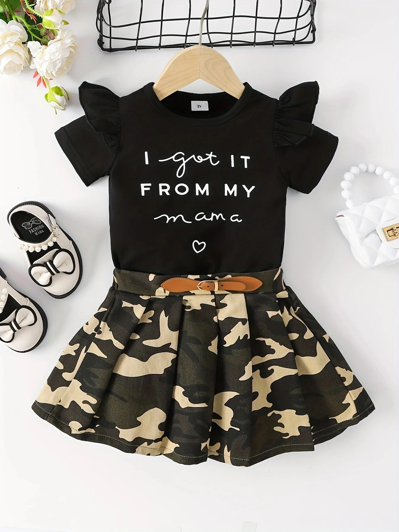 2024 Summer baby Kids Girls clothes Flying Sleeve cotton letters striped t-Shirt + belt checked Pleated Skirt 2 3 4 5 6 years