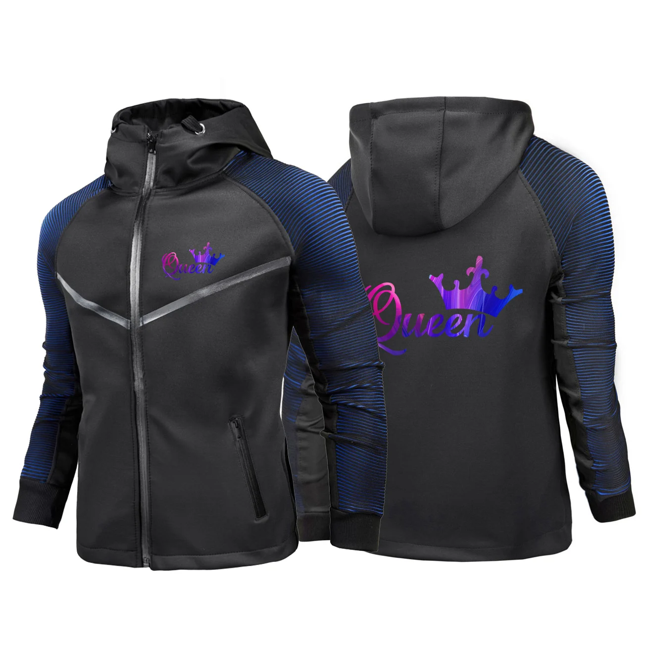 

2024 Men New King Queen Lovers Couples Long Sleeves Print Racing Suits Casual Personality Waterproof Coats Zipper Hoodie Jacket