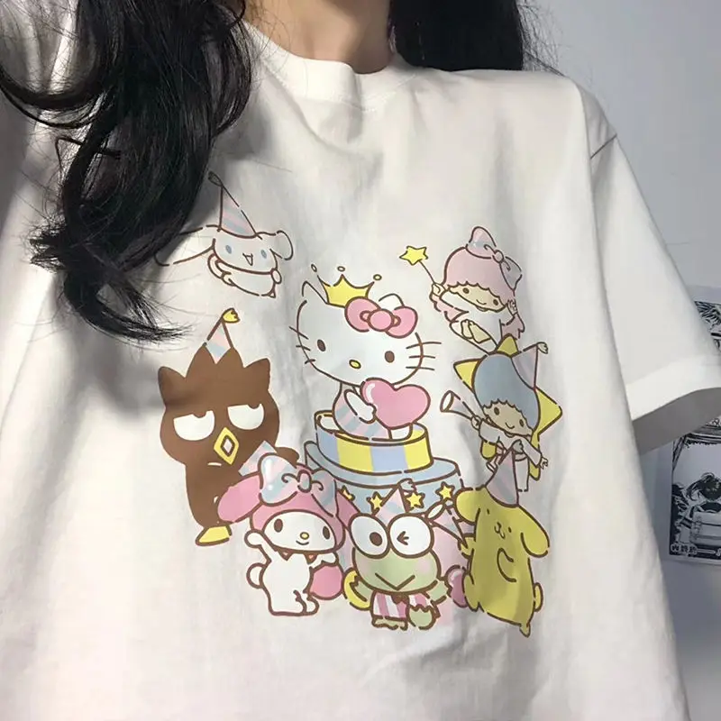 Hello Kitty T-shirt Women Cotton Melody T Shirts Kawaii Sanrio Kuromi Cartoon Harajuku Casual Clothes Streetwear Fashion Y2K Top