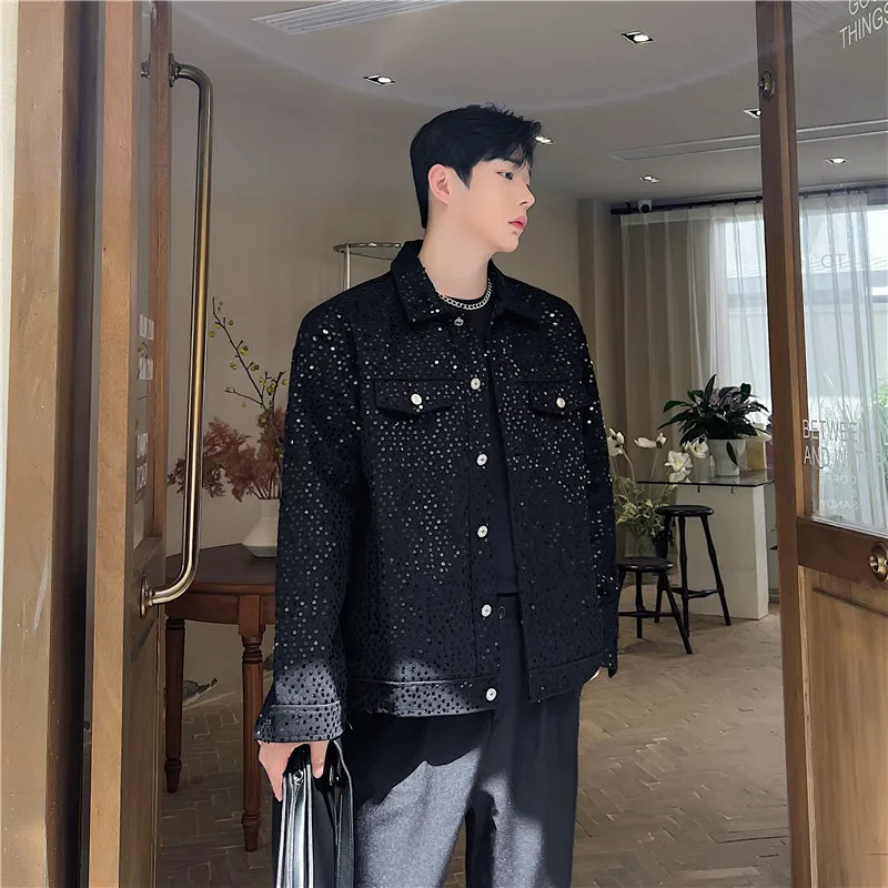 Men's 2024 Autumn Winter Light Luxury High-end Sequined Small Fragrant Male Coats Men's Loose Trendy Bright Silk Handsome Jacket