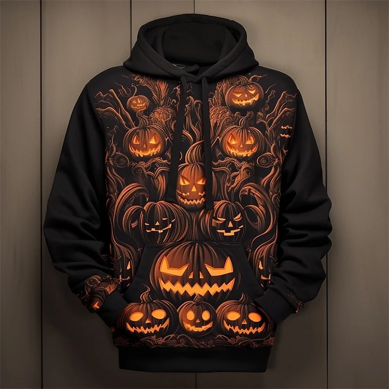 Halloween Pumpkin Graphic Hoodie For Men Withered Tree 3D Printed Sweatshirt Autumn Casual Pullover Long Sleeve Hoodies Tops
