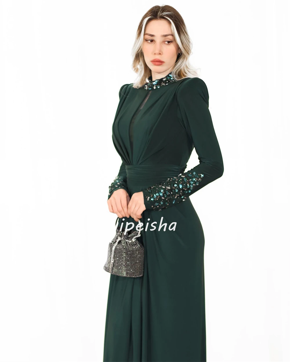 Customized Jersey Sequined Ruched Birthday A-line High Collar Bespoke Occasion Gown Long Dresses