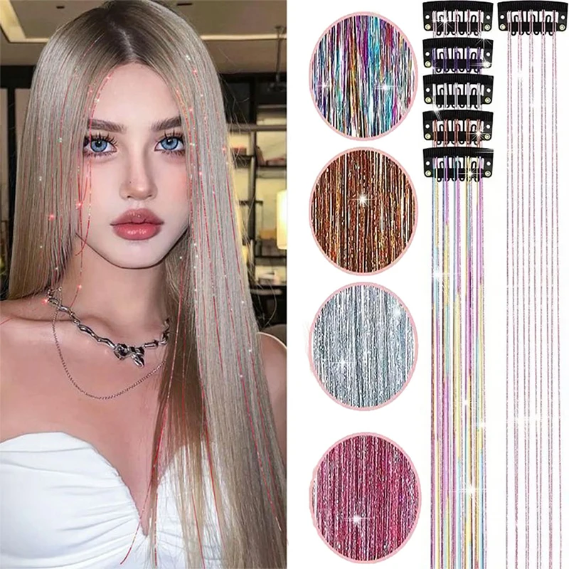 12Pcs Clip Hair Tinsel Clip in Glitter Tinsel Hair Extensions Synthetic Heat Resistant Shiny Sparkle Hair Tinsel for Women Girls