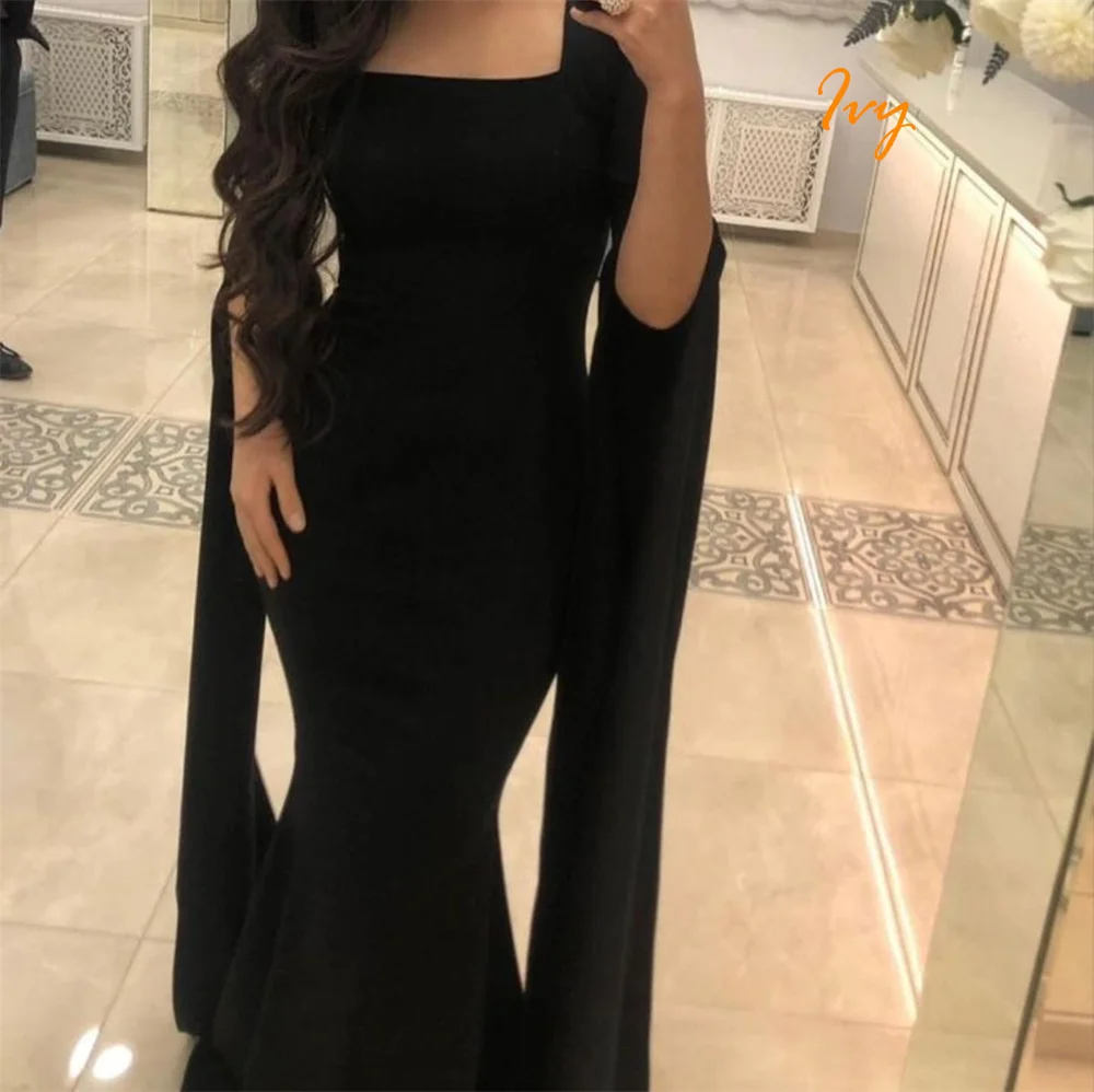 ที่กําหนดเอง Mermaid ประณีตสีดํา Jersey ชุดราตรีโมเดิร์นสแควร์คอยาวแขนยาวชุดง่าย Celebrity Gowns