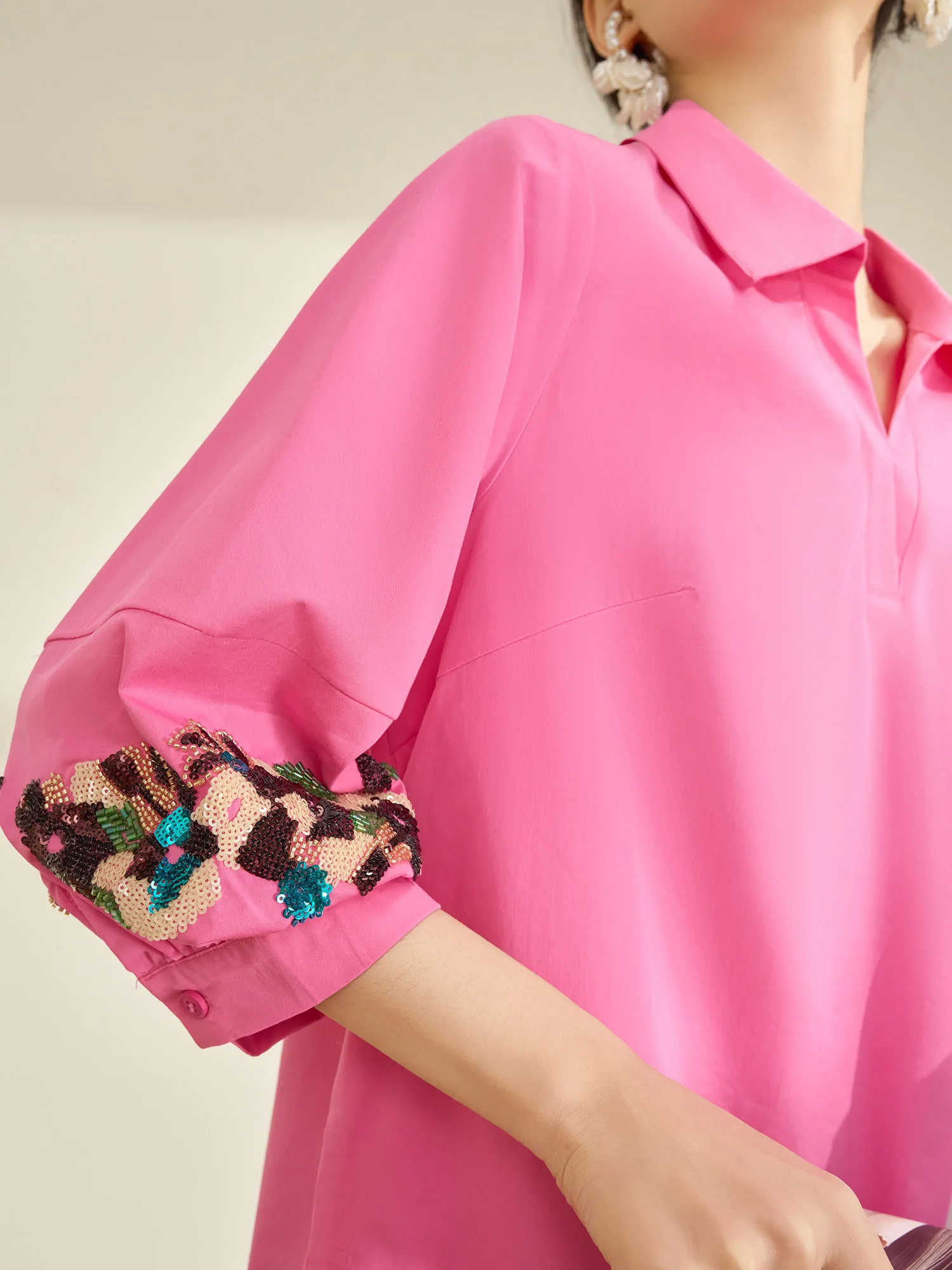 

Ele Embroidered Sve Cuffs Sequin Women's irt Casual Loose Fit Spring 2026 Faion Bright Polyester Fiber Blouse