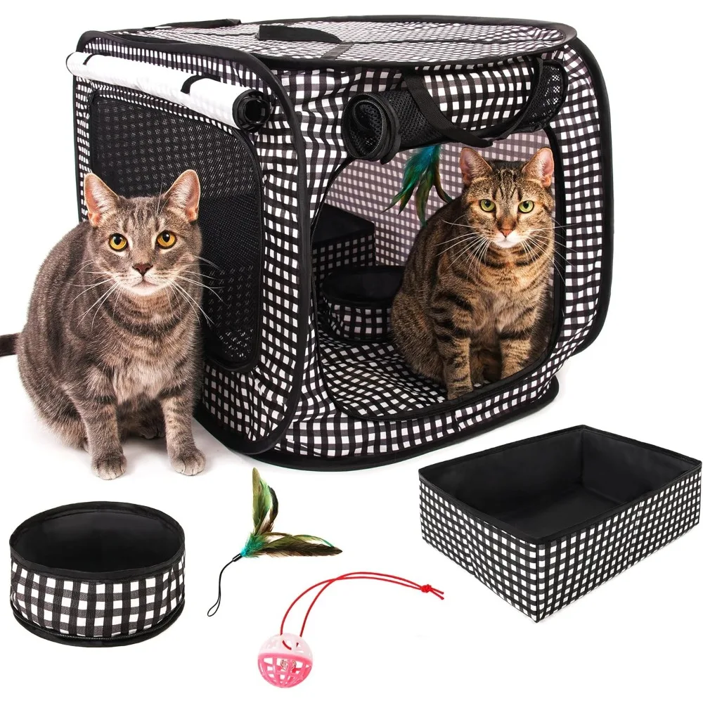 

Cat Travel Cage, Portable Cat Condo, Collapsible Litter Box, Foldable Feeding Bowl, Hanging Feather Teaser and Ball, Cat Cage