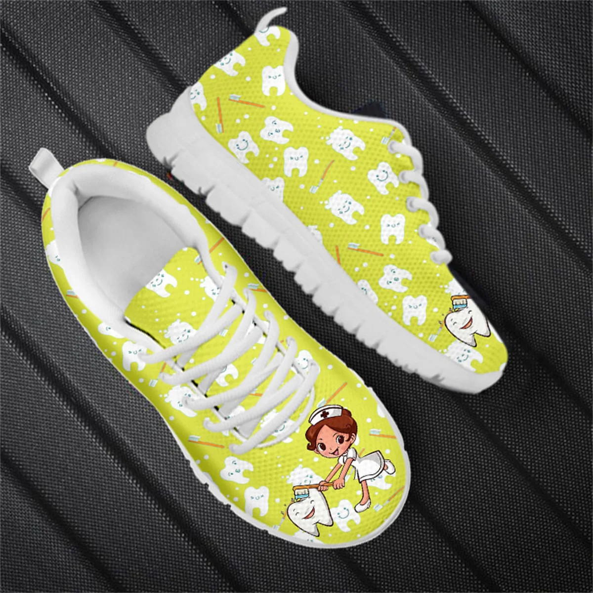 Fashion Paramedic Nursing Flats Kawaii Teeth Print Cozy Light Sneakers Fall Student Casual Non-slip Lace Up Walking Shoes