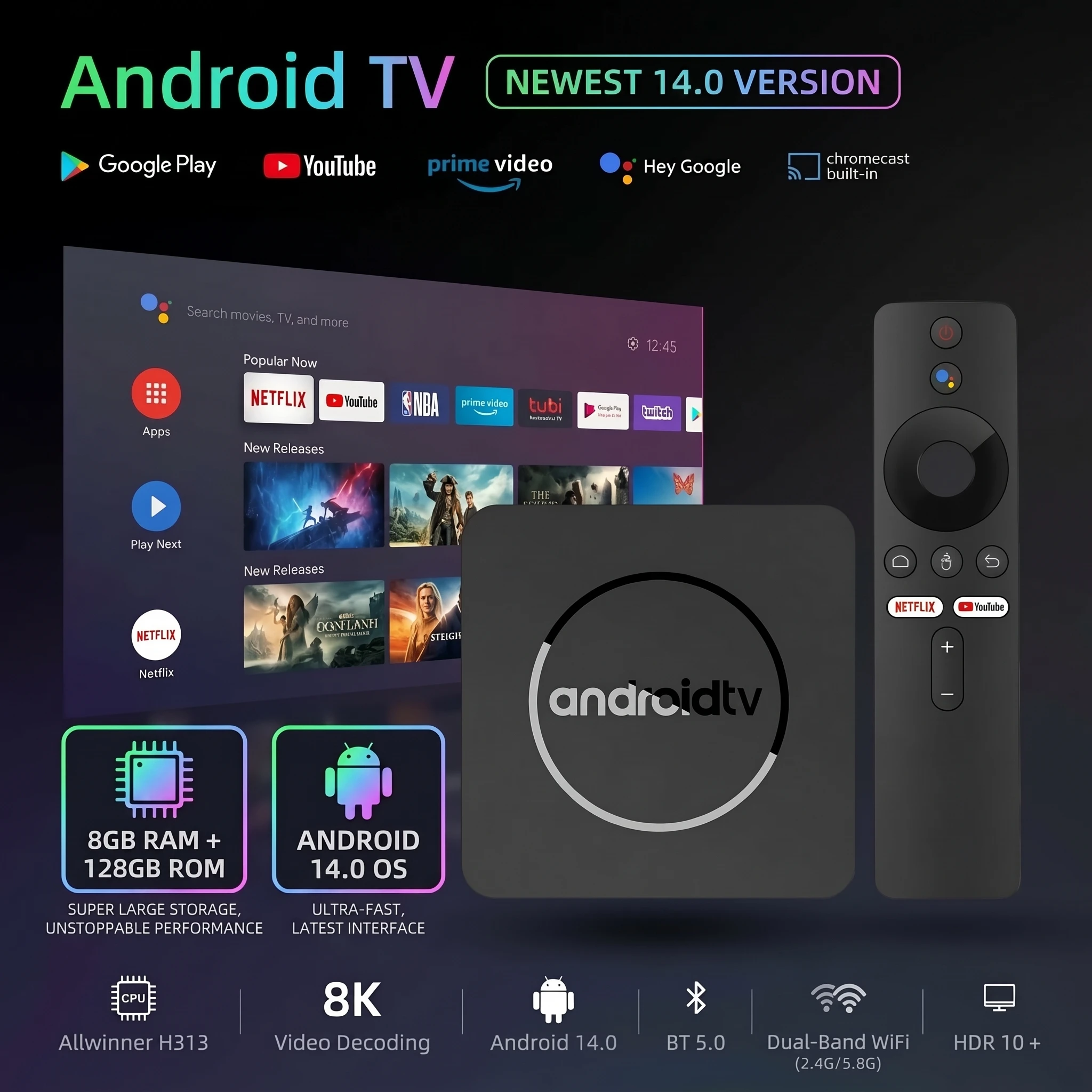 8K HDR10 Smart TV Box 2026 Android14 H313 Quad Core 8GB RAM 128GB ROM Dual Wifi6G BT Set Top Box Media Player Google Assistant