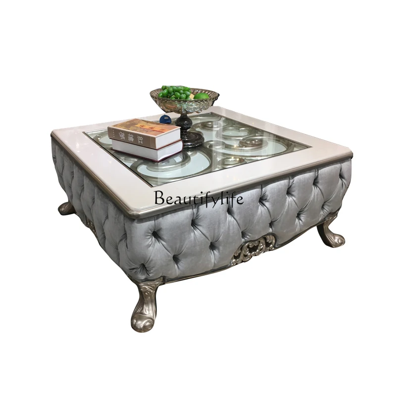 

05-French solid wood coffee table, European luxury square living room tempered glass storage table