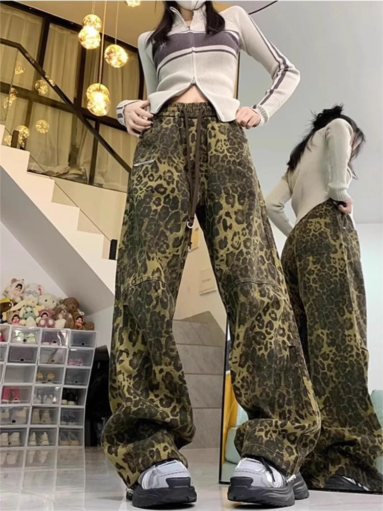 

HOUZHOU Y2k Vintage Leopard Sweatpants Woman Baggy Animal Print Cargo Pants Jogger High Shot Sports Trousers Korean Style Spring