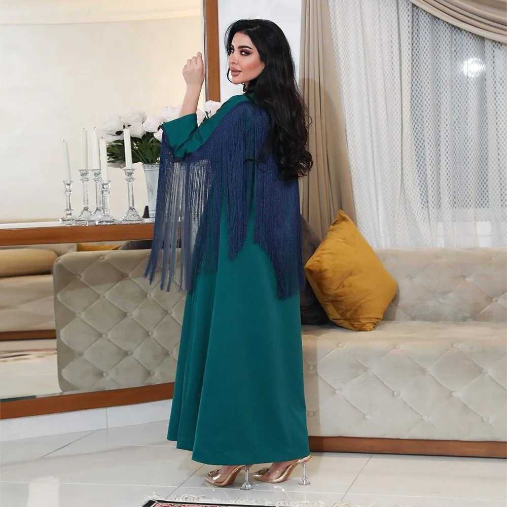 Muslim Dress V-neck Long Sleeves Tassel Hot Diamond Abaya Dress Dubai Arab Women's Wear Long Dress Elegant Middle East Clothing