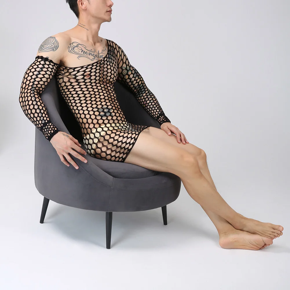 Männer Fishnet Kleid Erotische Dessous Langarm Kleider Aushöhlen Durchsichtige Weiche Schlaf Party Club Schnell Trocknend Weiche Erotische hombre