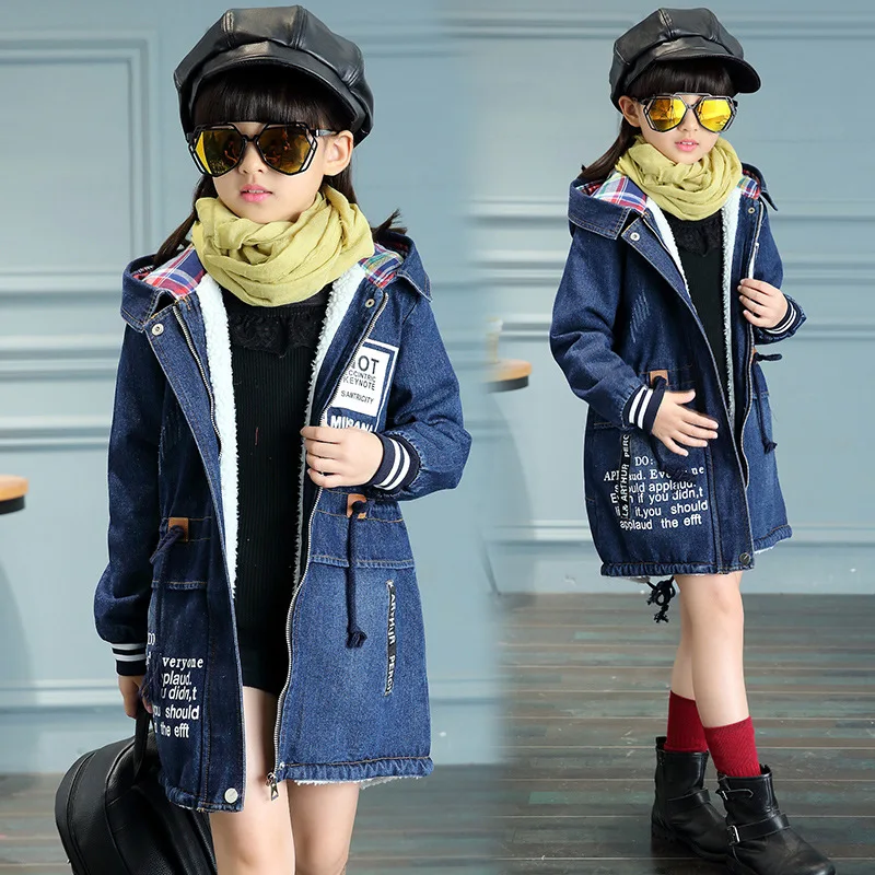 New Winter Girls Jacket Children Denim Jackets Long Warm Clothing Kids Plus Thick Velvet Jacket Cotton Hooded Outwear for Girl