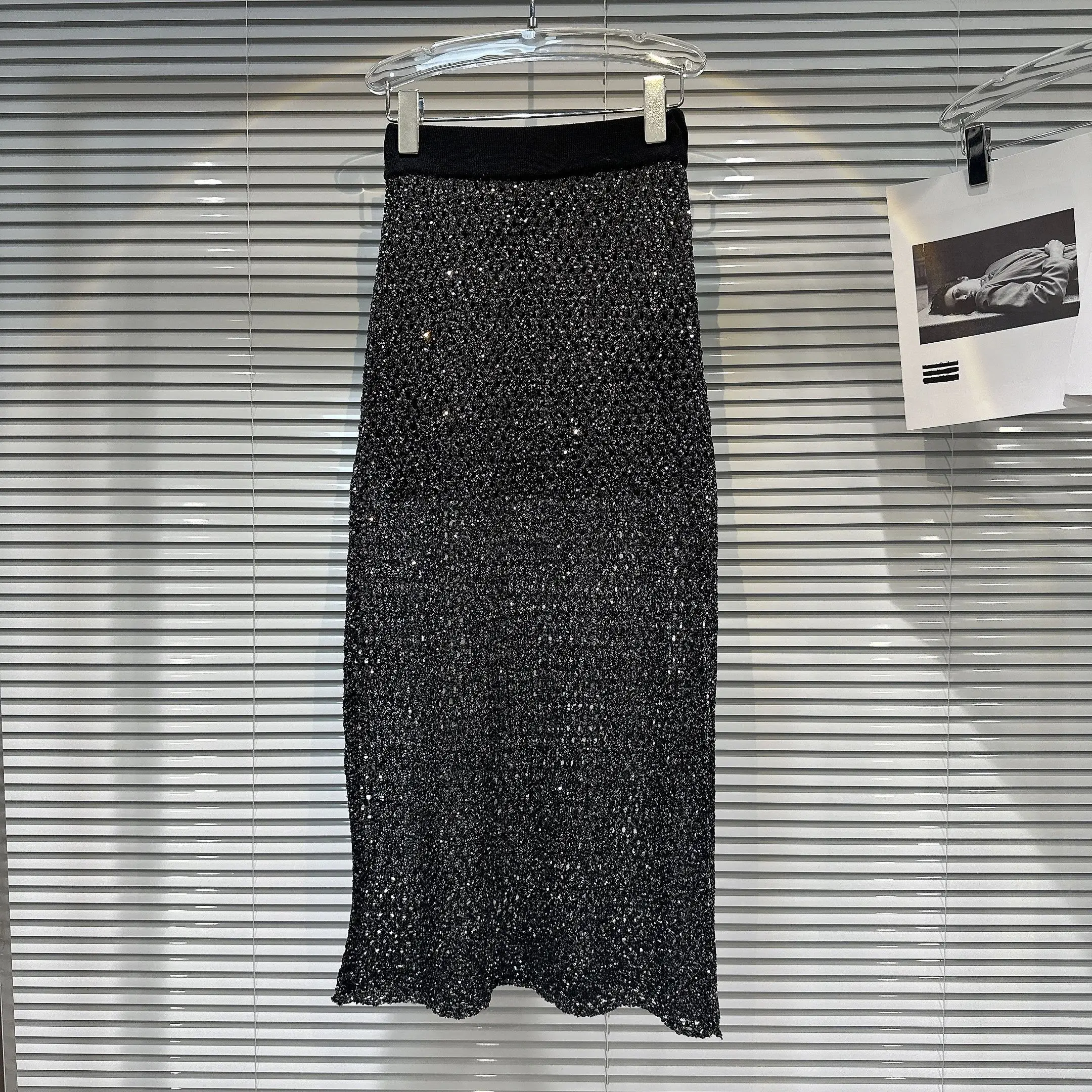 

Sexy Knitted Slim Fit Skirt with Sequins for Women mid Waist One Step Skirt mid Long Autumn New Arrivals Trendy