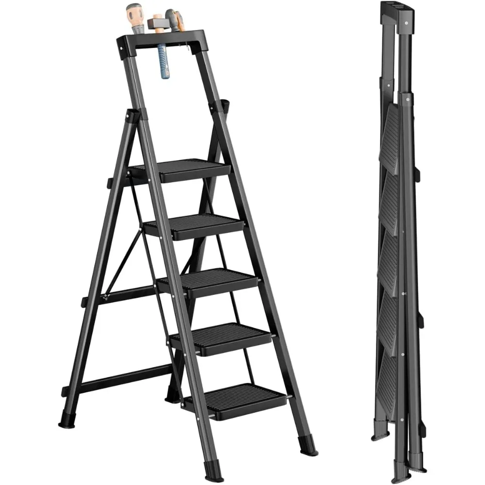 5-traps ladder met gereedschapsbak, draagbaar opstapgereedschap 330 lb belasting, opvouwbare opstapladder met antislip verbrede pedalen, leuning, Safe-Loc