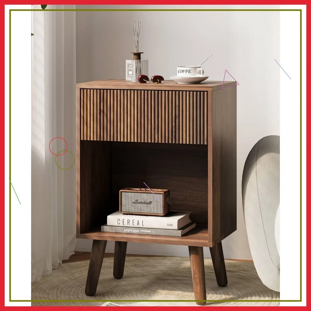 

Современная тумбочка с ящиками для хранения и открытой полкой, ножками из массива дерева для спальни, гостиной