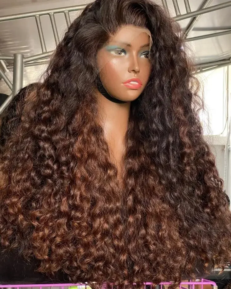 Peluca rizada marrón degradada sintética Natural para mujeres negras, 26 ", prearrancada, 180 de densidad, Frontal de encaje, cabello de bebé, diario