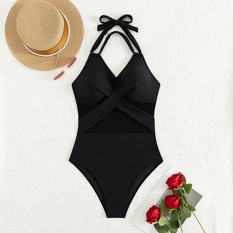 Bikini de una pieza de Color liso para mujer, traje de baño Sexy con escote en V profundo y tirantes sin espalda, traje de baño de malla translúcida de cintura alta