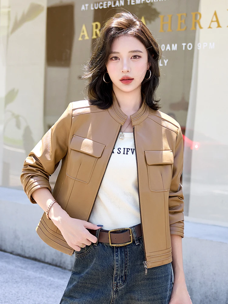 Manteau en cuir effet amincissant pour femme, taille S, nouvelle collection printemps-automne, en peau de mouton, version coréenne, coupe ajustée