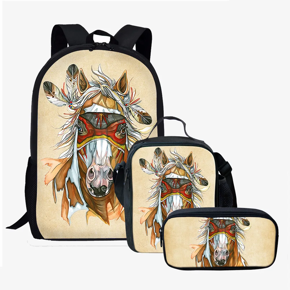 Indian Animal Tribe Theme Pattern 3pcs/Set Backpack 3D Print School Student Bookbag Anime Laptop Daypack Lunch Bag Pencil Case