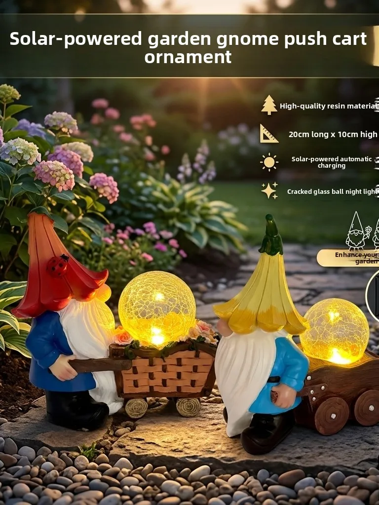 Outdoor Decorative Solar Powered Gnome Pushcart Garden Lamp Balcony Indoor Outdoor Yard Decorations Creative Resin Lighting