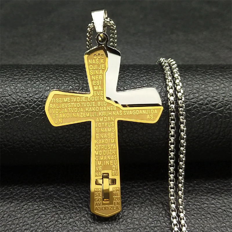 Bosnia Bible Cross Pendant Necklace for Women Men Stainless Steel Gold Color Crucifix Male Chain Jewelry colar masculino ZZZ906