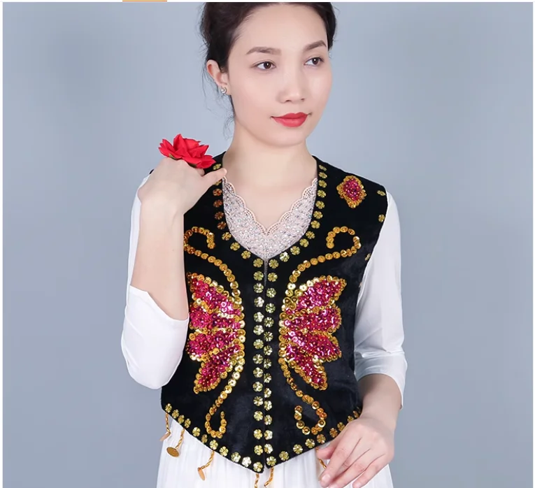 Chińska Xinjiang Ujgurska Damska Kamizelka Taneczna Cekiny Występ Sceniczny Błyszczące Etniczne Top