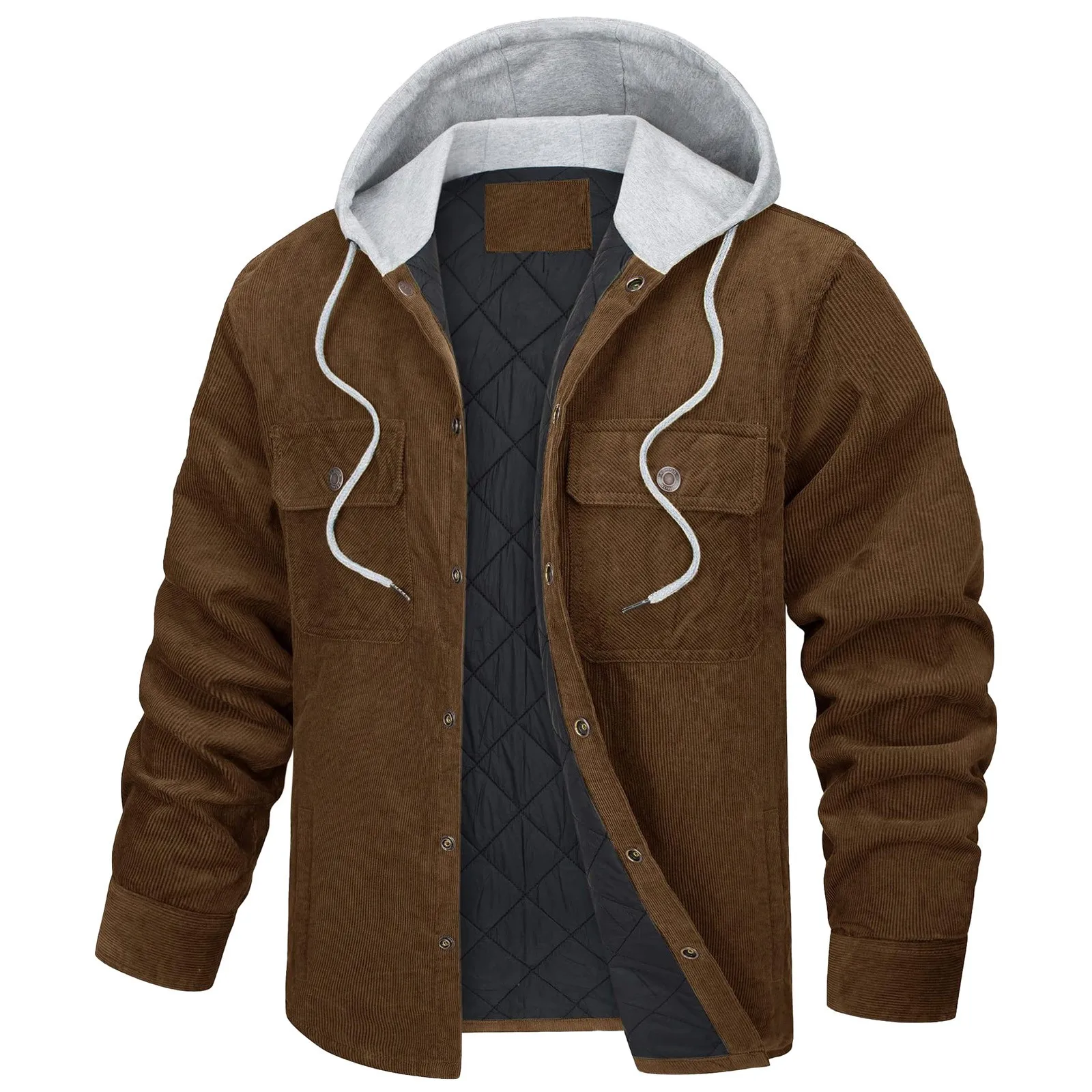 Men Solid Color Corduroy Button Up Cardigan Hooded Jacket With Thick And Multiple Fleece Coat Men Winter Casual Jacket Men