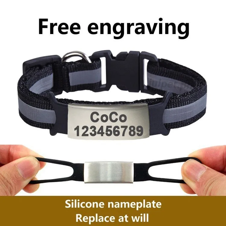 Free to customize engraved reflective pet collar with safety snap + customizable identification tag. Suitable for kittens / pupp