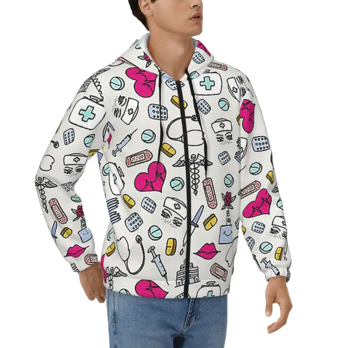 ممرضة Pattern0 التمريض نمط ممرضة قلنسوة بسحاب Harajuku البلوز الخريف الشتاء الرجال النساء بلوزات طويلة الأكمام بلايز