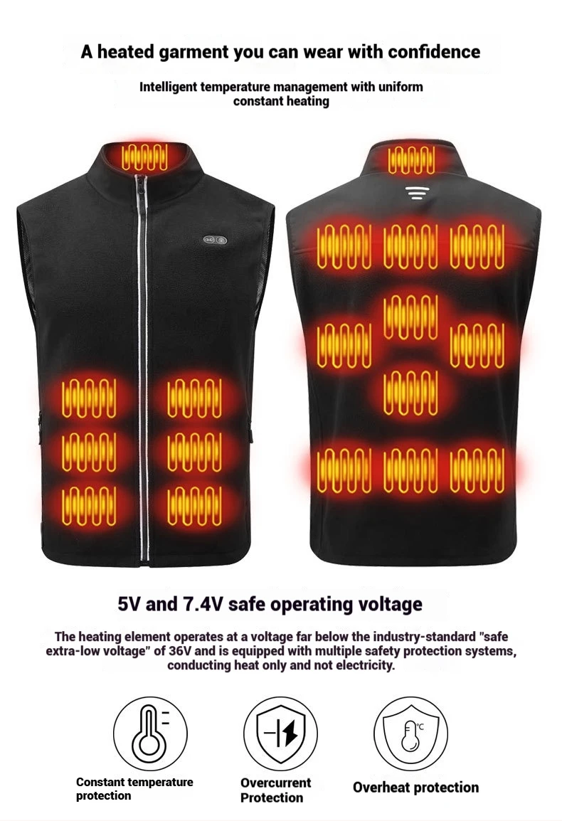 USB-Heizweste für Herren und Damen, elektrische Thermojacke, Polarfleece, Stehkragen, winddicht, reflektierender Reißverschluss, Outdoor-Sport – Detail 17
