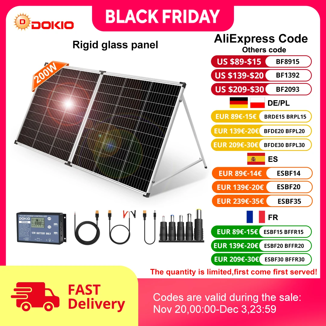 Dokio 200W Foldable Solar Panel with 10A/20A Controller