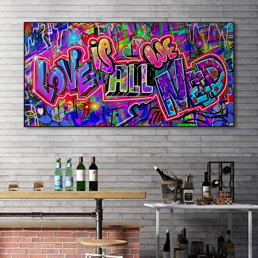 لوحة فنية للجدران على الجدران في الشوارع ، ملصق ملون نيون تجريدي ، مطبوعات ، صور ، الحب هو كل ما نحتاج إليه ، ديكور المنزل الحديث