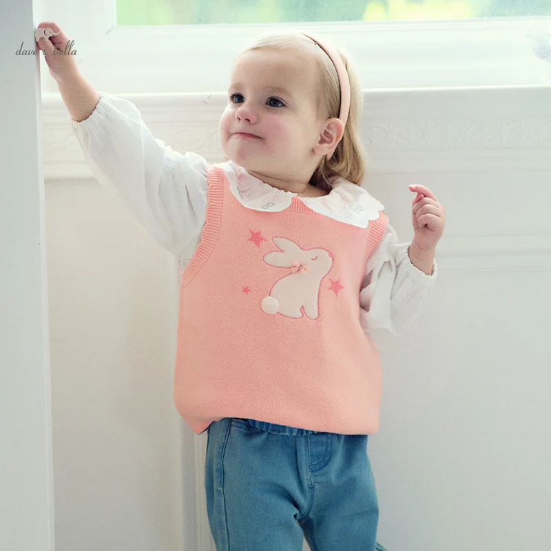 

Dave Bella Children's Sweater Tank Top Clothes 2024 New Autumn Girl's Cute Rabbit Fashion Casual Sweet Top Knitwear DB3242496