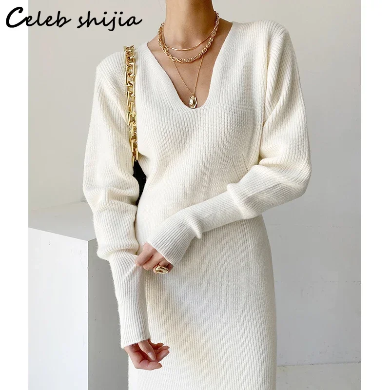 New Fall V-neck White Wool Dress Women Chic Long-sleeve High Waist Knitted Dresses Female Korean Business Elegant Vestido Winter