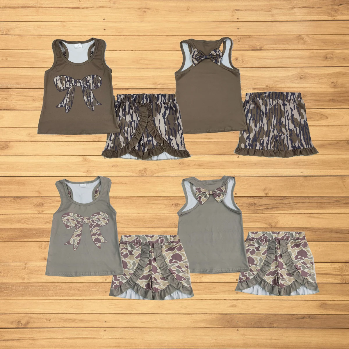 

Wholesale hunting hot sale western boutique children Sibling Baby Girls Green Bows Vest Ruffle Camo Shorts Clothes Sets