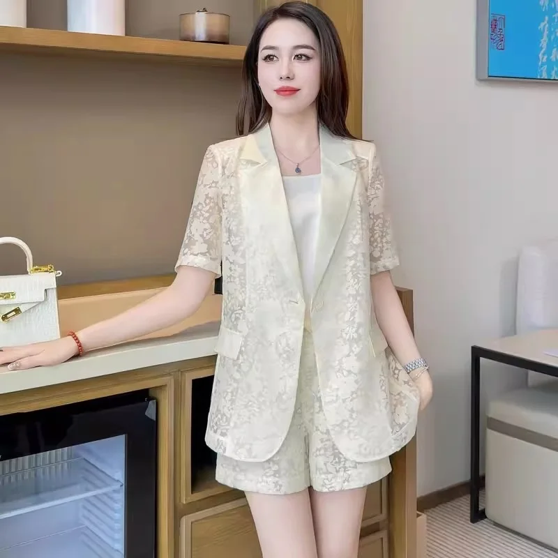 

Модный деловой костюм в классическом стиле, темпераментный пиджак в стиле богини, Летний Тонкий костюм-тройка с короткими шортами и вырезами