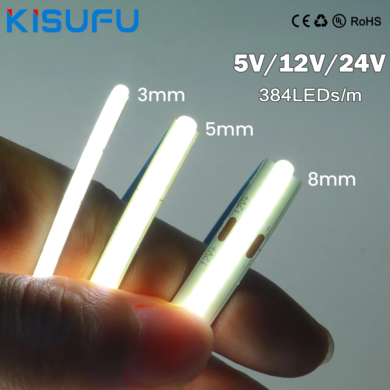 

DC12V/24V COB LED Strip Light Ultra Thin 3mm 5mm 8mm 384Leds/m RA90 High Density Flexible Tape Ribbon Bedroom 3000K 4500K 6500K