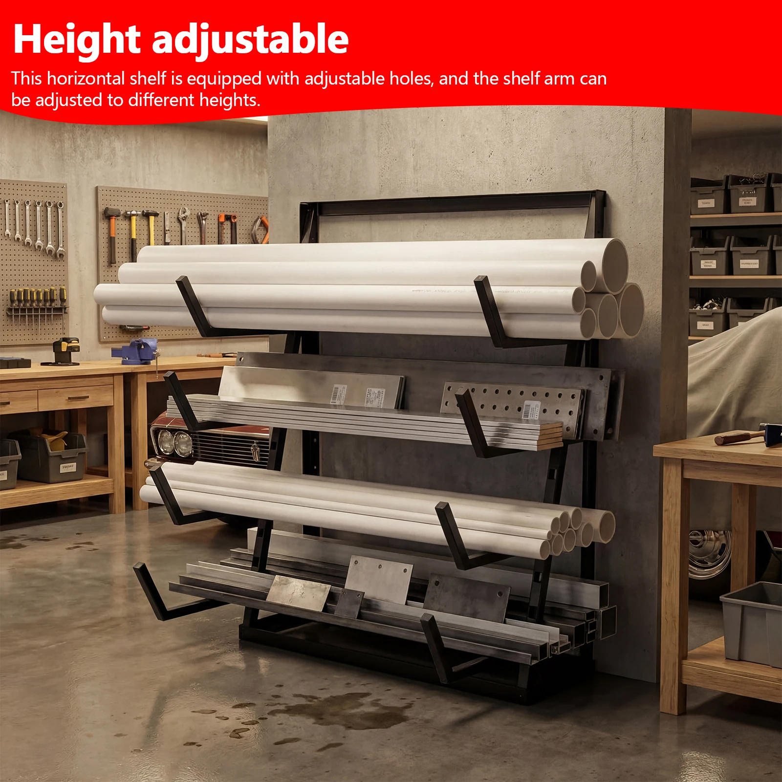 

4-ярусная стойка для хранения древесины, грузоподъемность 2000 фунтов, органайзер для пиломатериалов с регулируемыми кронштейнами для гаража, подвала, кладовой, мастерской