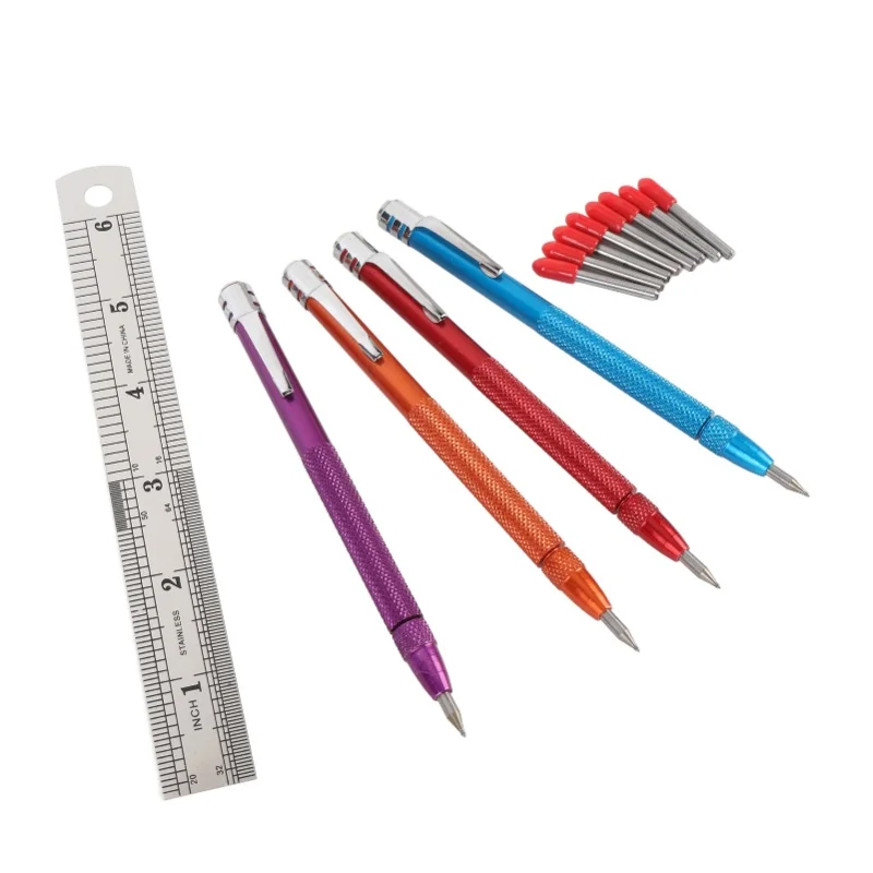 4-個のタングステンカーバイドスクライバーローレット加工アルミニウムハンドルエッチング彫刻ペン、セラミック金属用の交換用チップ-8-個付き