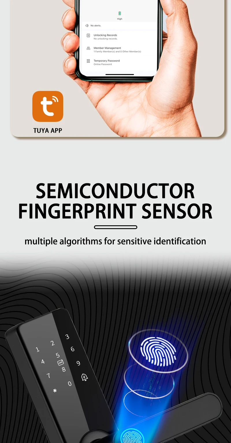 XSDTS Electronic Smart Door Lock With Biometric Fingerprint Smart Card Password Key Unlock USB Tuya APP Emergency Charge Lock