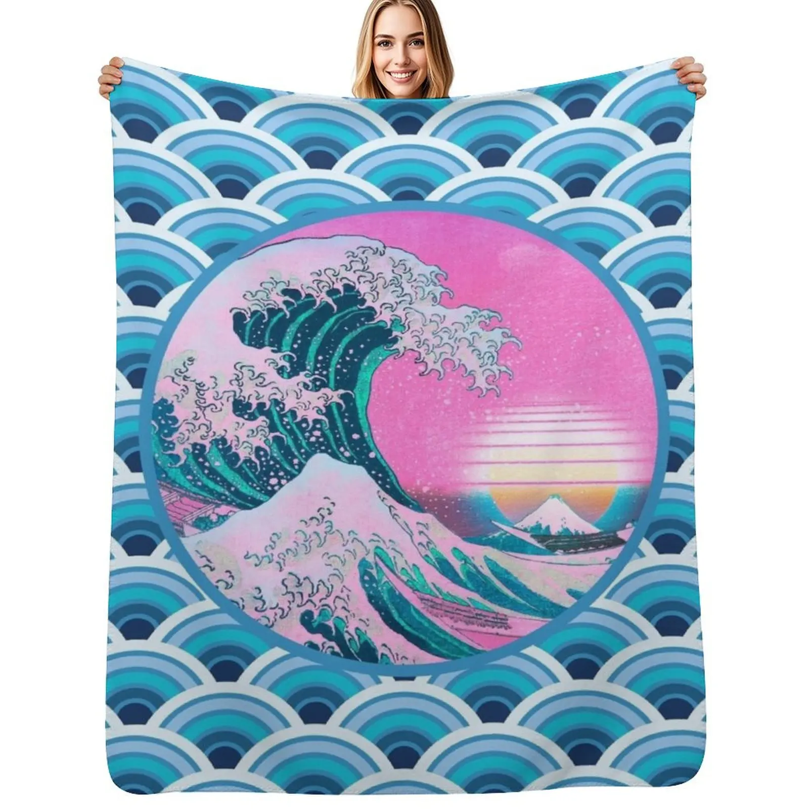 

Vaporwave Aesthetic Great Wave Seigaiha Ocean Sunset Throw Blanket Warm Throw Blanket Gift for Anniversary