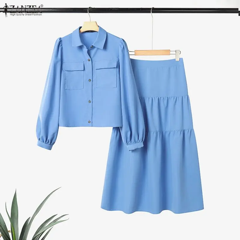 Women's Elegant Casual Skirt Suits 2 Piece Sets Long Sleeve Shirts and Elastic Waist Midi Skirts ZANZEA Woman 2pcs Outfits