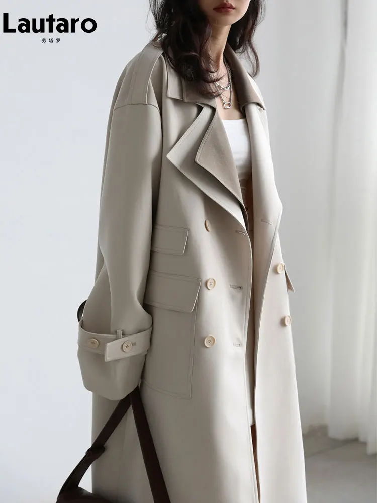 Lautaro Spring Autumn Long Patchwork Trench Coat for Women Elegant Chic Luxury Designer Fake 2 Pieces Clothes Runway Fashion