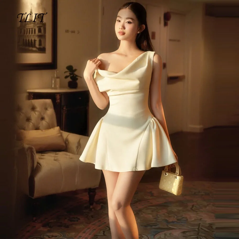 

TLIT Simple Ivory Short Silk Satin A-Line Evening Gown Dress Strapless Off The Shoulder Prom Gowns Customized Formal Party Gown