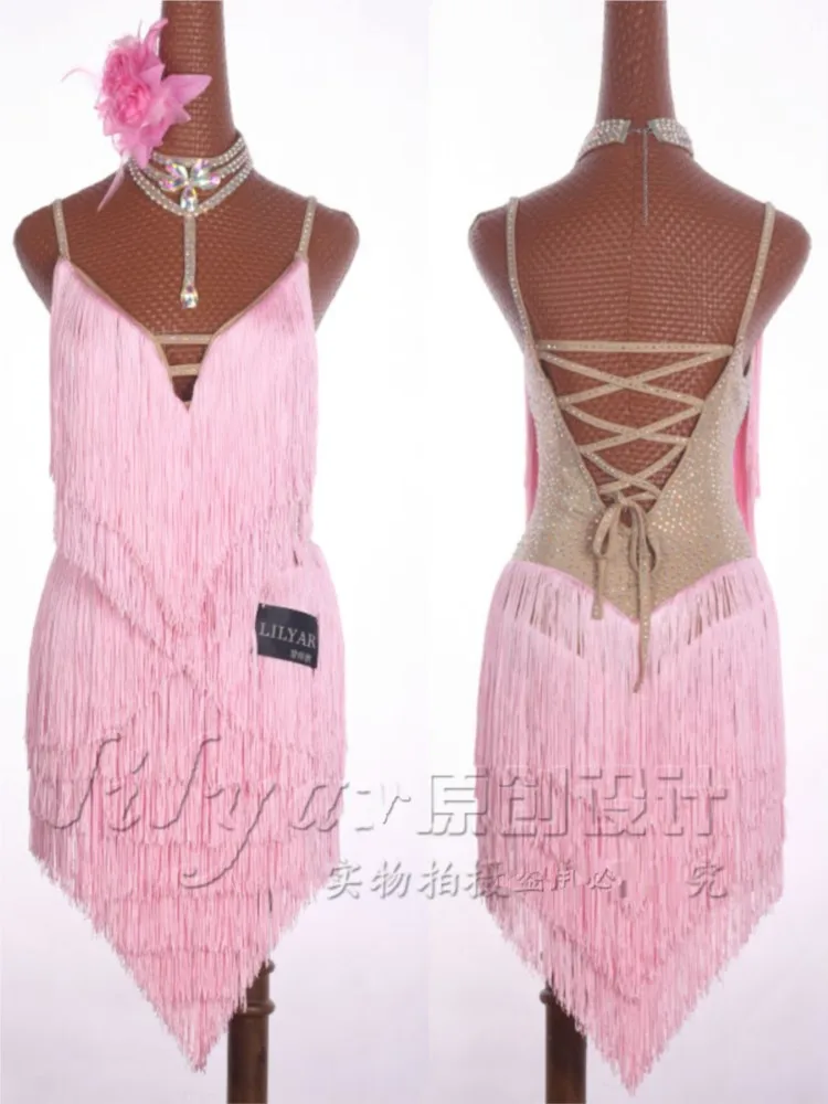 

New Latin Dance Competition Performance Costume Tassel Skirt Light Pink Customized By Female Adults Children's Chacha